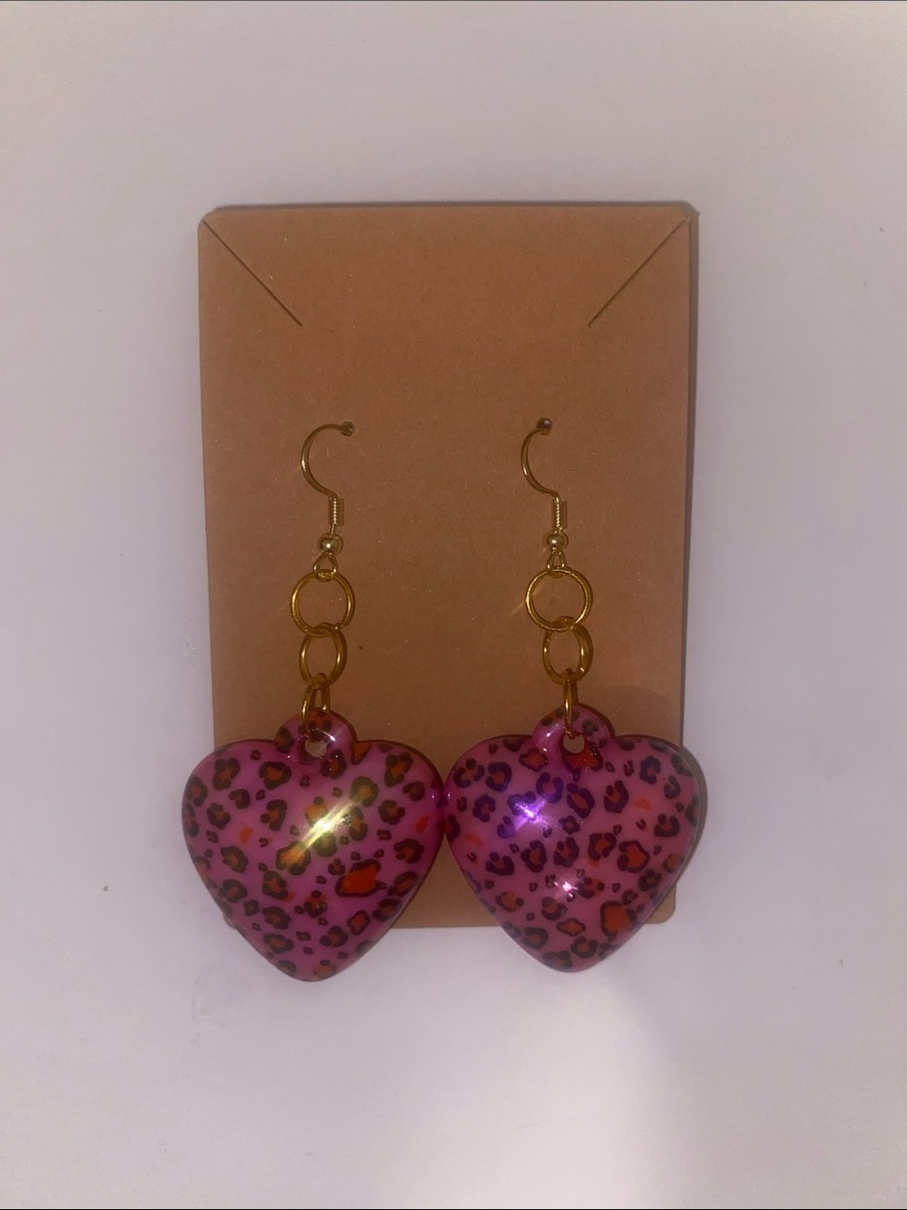 Gold-Linked Pink Leopard Heart Drop Earrings